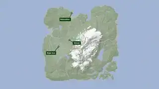 Ubicació de la pistola de corda de Sons of the Forest: un mapa de Sons of the Forest, amb marcadors que mostren les ubicacions de la pala, la pistola de corda i el Rebreather.