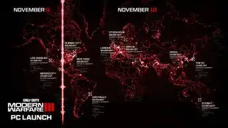 Gràfic de temps de llançament de Call of Duty: Modern Warfare 3 (2023) que mostra els horaris arreu del món corresponents a la mitjanit del 10 de novembre de la zona horària de l'est dels EUA.