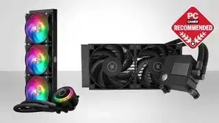 מקררי Cooler Master MasterLiquid ML360R ו-EK-AIO Basic 240 CPU על רקע אפור דו-גוני