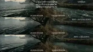 Meilleurs mods Skyrim - une série de captures d'écran d'un étang au bord d'une rivière, chacune avec des modifications visuelles différentes, montrant les différentes options de configuration pour les améliorations visuelles disponibles dans le mod Realistic Water Two