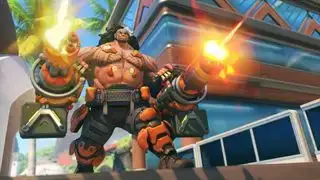 Overwatch 2, l'heroi Mauga disparant miniguns dobles.