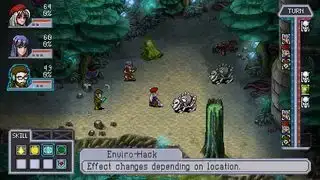 Beste JRPG's - In een turn-based gevecht in Cosmic Star Heroine overweegt de speler om de Enviro-Hack-vaardigheid op een skelet te activeren.