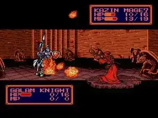 Melhores JRPGs - Um mago lança um ataque mágico de fogo contra um cavaleiro em Shining Force 2.