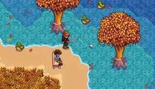 Stardew Valley - Satu pemain duduk di kursi buatan di pasir sementara pemain lain memancing di air terdekat.