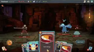 Slay The Spire - Pemain di sisi kiri layar bertarung melawan dua musuh di sebelah kanan dalam pertarungan berbasis giliran. Kartu