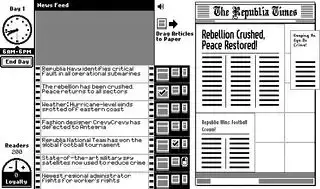 The Republia Times - permainan pelayar hitam putih yang menunjukkan tajuk berita diseret ke akhbar