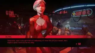 En kvinne i en avslørende topp lener seg fremover i Ruiner, et av de beste cyberpunk-spillene