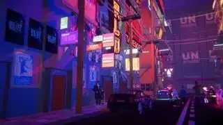 Una calle oscura afuera de un edificio llamado Gamers Hideout.