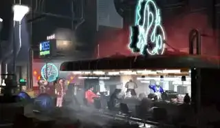 Um bar de macarrão em uma Los Angeles futurista de Blade Runner, um dos melhores jogos cyberpunk