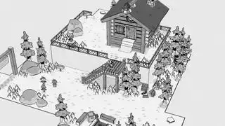 Toem : une vue de haut en bas d'un jeu d'aventure en noir et blanc dans lequel une cabane se trouve dans un bois