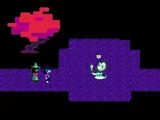 Beste kostenlose Steam-Spiele – Deltarune Kapitel 2 – Zwei Charaktere werden von einem dritten im lila Gras bemerkt