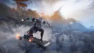 Meilleurs jeux Steam gratuits - Warframe - Un joueur chevauche un hoverboard à travers un paysage de planète extraterrestre