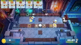 Overcooked 2 협동 - 두 명의 플레이어가 성에서 피자를 만들기 위해 협력합니다.