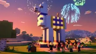 Minecraft Realms - verschillende Minecraft-personages aanbidden of vieren een gigantische lama