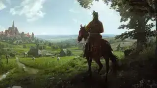 Manor Lords promo art - knight on horseback na tumitingin sa isang medieval village sa di kalayuan, na tinitingnan mula sa likuran