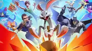 Illustrazione chiave Multiversus: Bugs Bunny, Batman, Shaggy, Harley Quinn e altri personaggi animati Warner