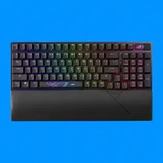 Et Asus ROG Strix Scope II 96 trådløst gaming-tastatur på blå baggrund.