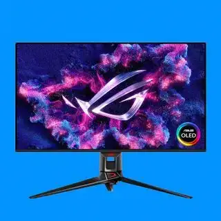 En Asus OLED-gamingskærm på blå baggrund.