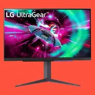 LG UltraGear 27GR93U $K گیمنگ مانیٹر سرخ پس منظر پر