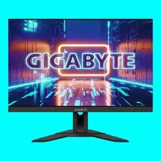 Monitor permainan Gigabyte M28U 4K pada latar belakang biru