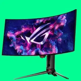 Un monitor da gioco ultrawide su uno sfondo colorato.