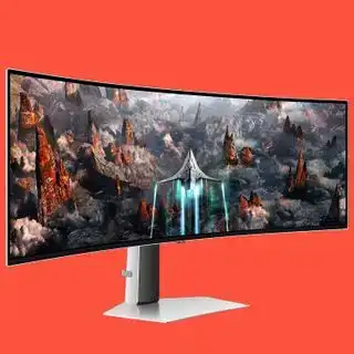 Un monitor de gaming ultralarg pe un fundal colorat.