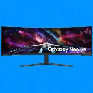 Samsung Odyssey Neo G9 G95NC trên nền xanh