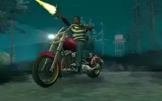 CJ menembakkan pistol dari sepeda motor di GTA: San Andreas