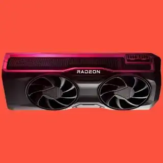 赤い背景に AMD Radeon RX 7800 XT GPU。