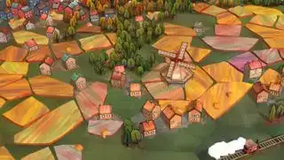 Una escena rural hecha con fichas hexagonales del juego Dorfromantik.