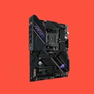 Placa-mãe Asus ROG Crosshair VII Dark Hero contra um fundo vermelho