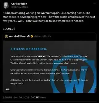 Ça a été incroyable de travailler à nouveau sur Warcraft. Comme rentrer à la maison. Les histoires que nous développons en ce moment – ​​comment le monde se déroulera au cours des prochaines années… Eh bien, j’ai hâte que vous voyiez où nous allons. BIENTÔT… :)