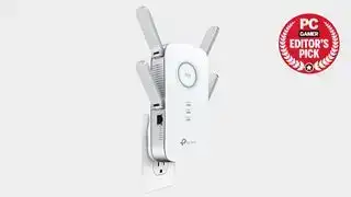 TP-Link MU-MIMO Range Extender RE650 vaizdas pilkame fone.