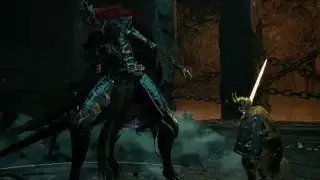 Seorang ksatria suci dari Lords of the Fallen bertarung dengan seorang bos, seorang prajurit jangkung dan ramping dengan pedang besar.