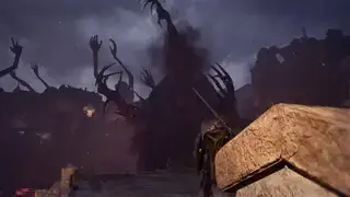 Un jefe monstruoso de Lords of the Fallen vomita un enorme brazo con garras mientras un paladín lo mira con presunto horror.