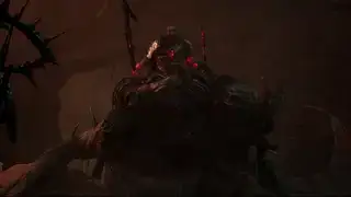 Το Lightbearer, ένα αφεντικό από τους Lords of the Fallen, πλανάται μπροστά στον παίκτη με κακία καβάλα σε έναν δικέφαλο drake.