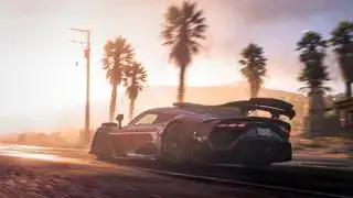 Forza Horizon 5 - een auto snelt voorbij met de zon