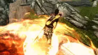 Seorang pengembara dilancarkan ke udara oleh Supersafe Dwarven Rocket Boots, salah satu mod Skyrim Edisi Khas terbaik