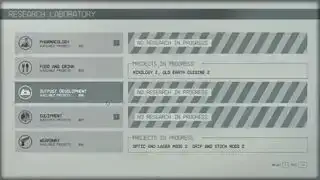 Una captura de pantalla de la interfaz del Laboratorio de investigación en Starfield, que muestra las diferentes categorías de investigación y la investigación actual en progreso.