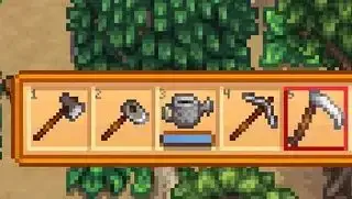 Verktøyets hotbar i Stardew Valley.