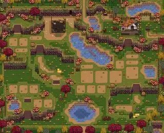 Mods Stardew Valley - atraktivní standardní farma - pozemek farmy byl přepracován s několika kopci a určenými rostlinnými pozemky.