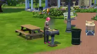 The Sims 4 - μια ροζ μαλλιαρή sim ψήνει ένα γεύμα σε μια σχάρα πάρκου έξω