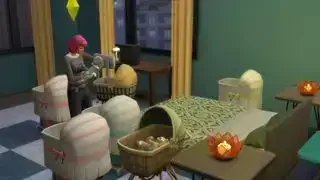 De Sims 4 - een oudersim houdt een baby vast terwijl er verschillende andere babywiegjes in de buurt zitten