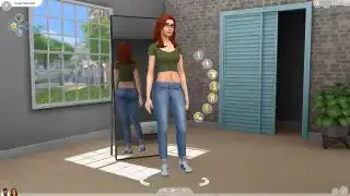 De Sims 4 - een sim in Create-A-Sim-modus die in een kamer staat met een bakstenen muur en spiegel en een open kastdeur