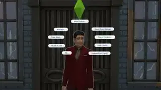 The Sims 4 - Mortimer Goth står på sin veranda med ett hjul av fuskalternativ runt hans huvud