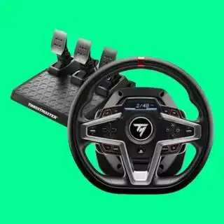 O melhor volante de corrida de gama média, o Thrustmaster T248 sobre fundo verde, com pedais