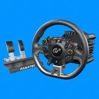 Het meest uitbreidbare racestuur, de Fanatec DD Pro, op een blauwe achtergrond, met pedalen