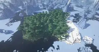 Minecraft semena - Osamělý zalesněný a plážový ostrov uprostřed zamrzlého oceánu s ledovci.