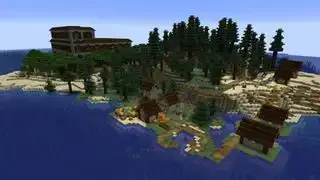 Minecraft tohumları - bir ladin köyü, büyük bir adadaki ormanlık bir malikaneye karşı karşıya gelir