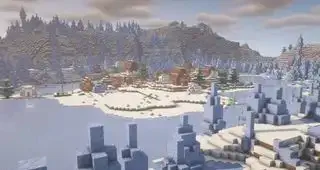 Minecraft semena - vas, obdana z ledenimi konicami na zamrznjenem jezeru